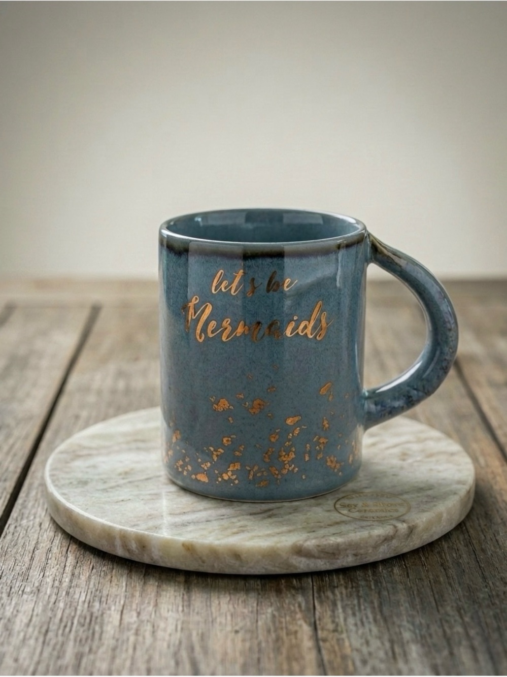 Sheffield Home Blue Ceramic Mug with Gold Script Mermaids tail collectible 16oz